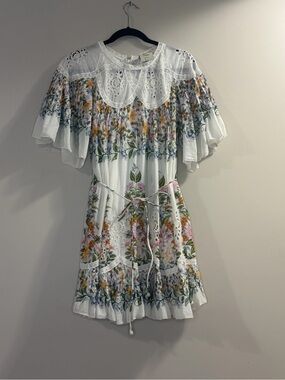 FARM Rio White Eyelet Floral Mini Dress with Pink Orange Yellow & Green
